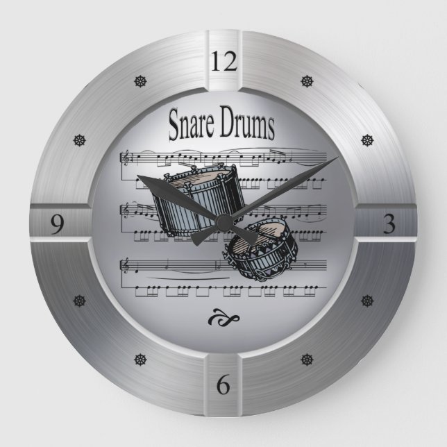 Snare Drums ~ Sheet Music ~ Brushed Silver Colour  Large Clock (Front)