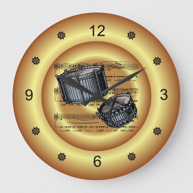 Snare Drums ~ Sheet Music ~ Gold Background ~  Large Clock (Front)
