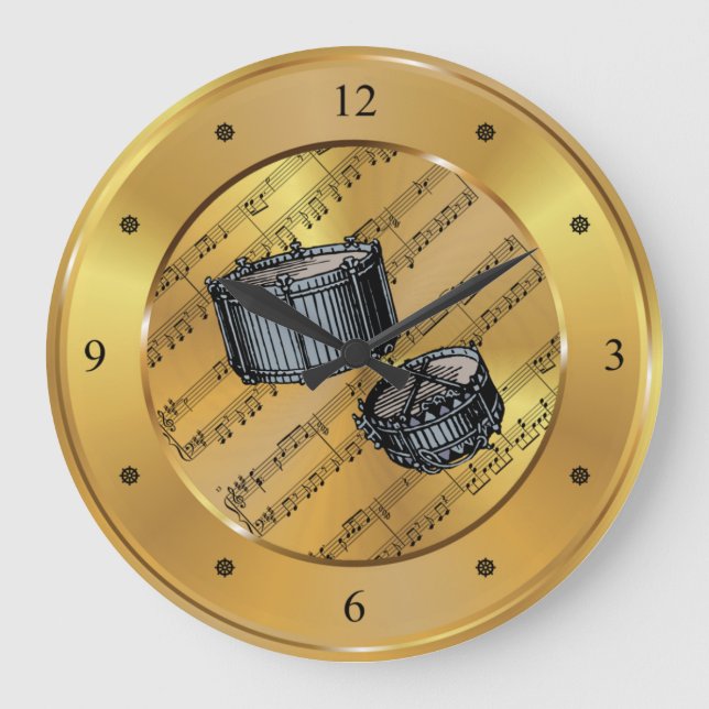 Snare Drums ~ Sheet Music ~ Gold Background ~ Large Clock (Front)