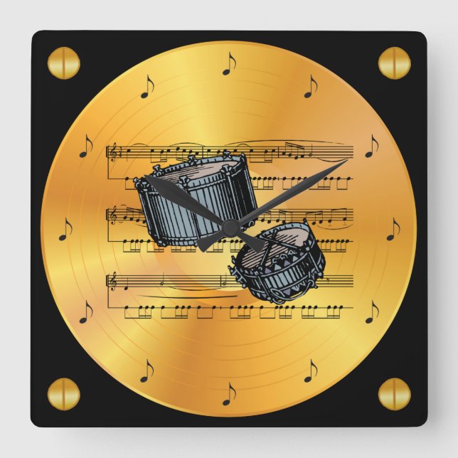 Snare Drums ~ Sheet Music ~ Gold Record ~ Square Wall Clock (Front)