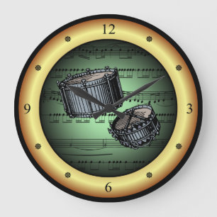 Snare Drums ~ Sheet Music ~ Green/Gold Background Large Clock
