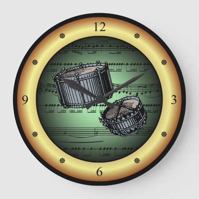 Snare Drums ~ Sheet Music ~ Green/Gold Background  Large Clock (Front)