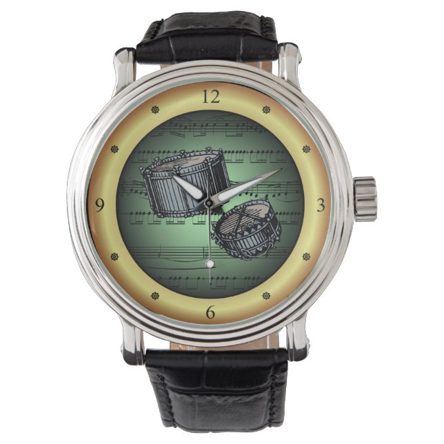 Snare Drums ~ Sheet Music ~ Green/Gold Background  Watch (Front)