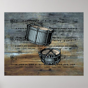 Snare Drums ~ Sheet Music On Barnwood  Background Poster