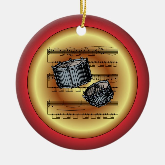 Snare Drums~Sheet Music~Red/Green/Gold~Christmas~ Ceramic Tree Decoration (Front)