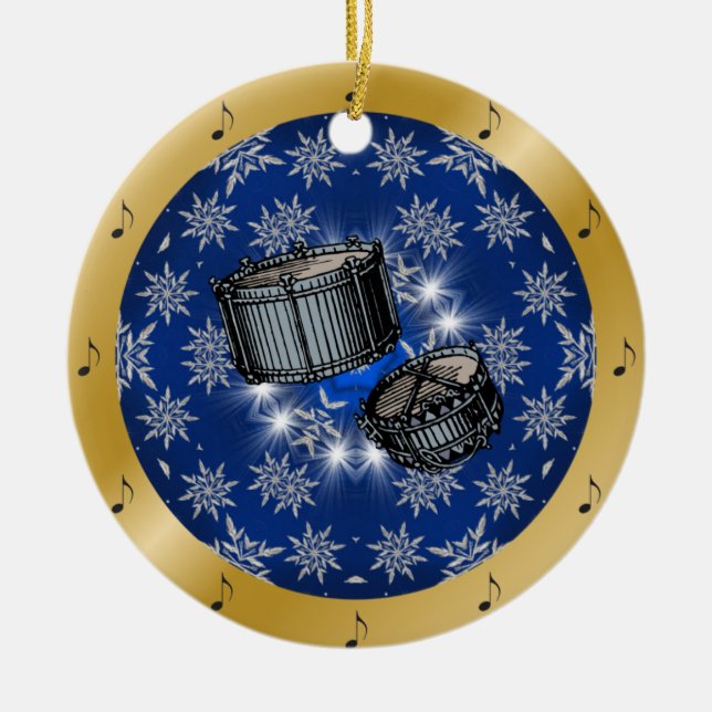 Snare Drums ~ Silver ~ Blue ~ Gold ~ Christmas ~ Ceramic Tree Decoration (Front)