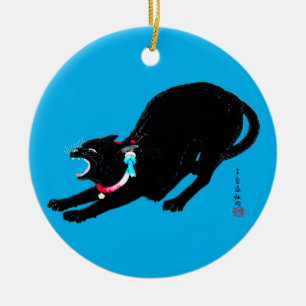 Snarling Hissing Black Japanese Cat Ceramic Tree Decoration