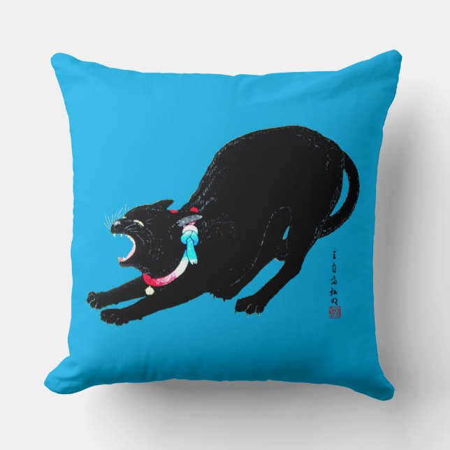 Snarling Hissing Black Japanese Cat Cushion (Front)
