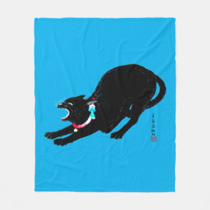 Snarling Hissing Black Japanese Cat Fleece Blanket