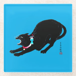 Snarling Hissing Black Japanese Cat Glass Coaster