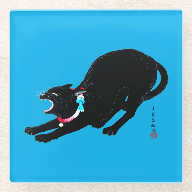 Snarling Hissing Black Japanese Cat Glass Coaster (Front)