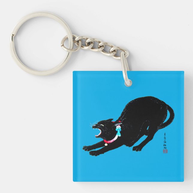 Snarling Hissing Black Japanese Cat Key Ring (Front)