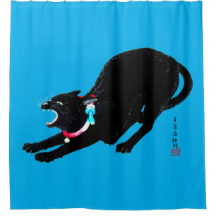 Snarling Hissing Black Japanese Cat Shower Curtain
