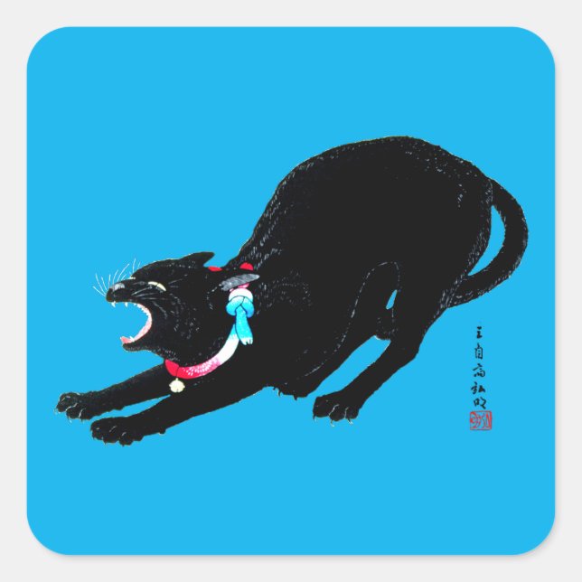 Snarling Hissing Black Japanese Cat Square Sticker (Front)