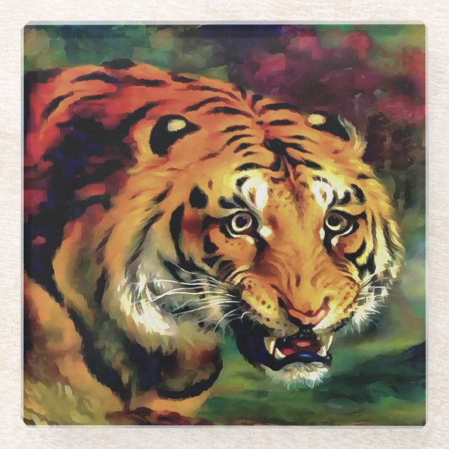 Snarling Tiger Artistic Portrait Glass Coaster (Front)