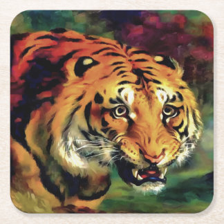 Snarling Tiger Artistic Portrait Square Paper Coaster
