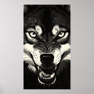 Snarling Wolf 50s Black White Graphics Style  Poster
