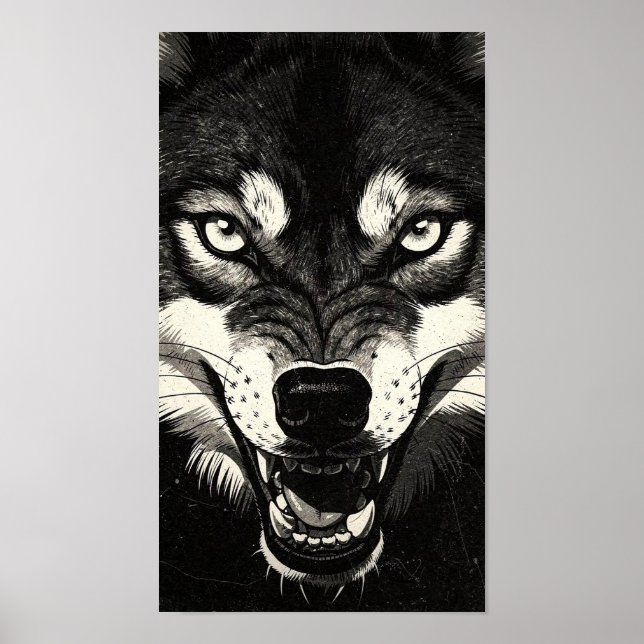 Snarling Wolf 50s Black White Graphics Style  Poster (Front)