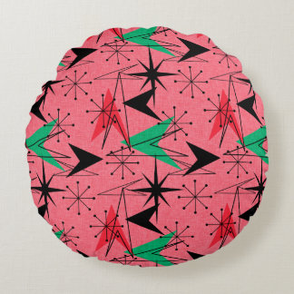 Snazzy Atomic Arrows and Starbursts Aqua Orange Round Cushion