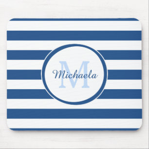 Snazzy Deep Blue Solid Stripes Name and Monogram Mouse Mat