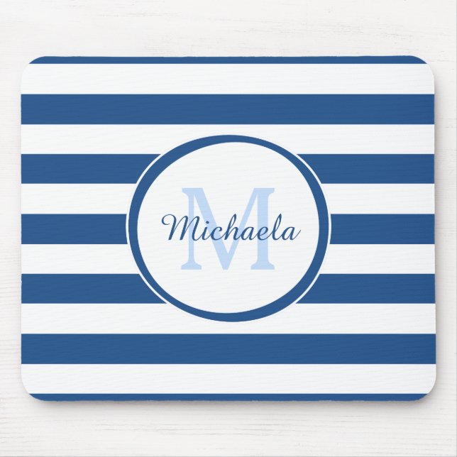 Snazzy Deep Blue Solid Stripes Name and Monogram Mouse Mat (Front)