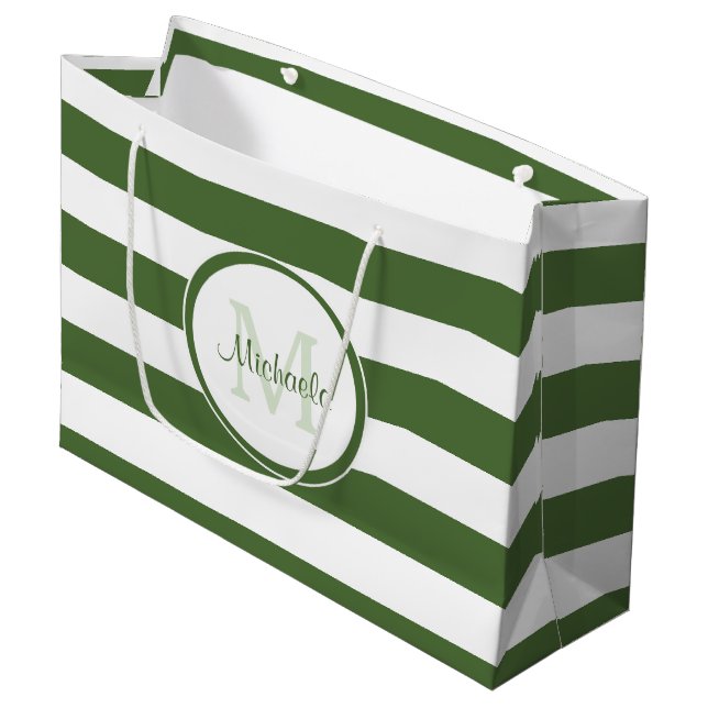 Snazzy Deep Green Monogram With Fat Stripes Large Gift Bag (Front Angled)