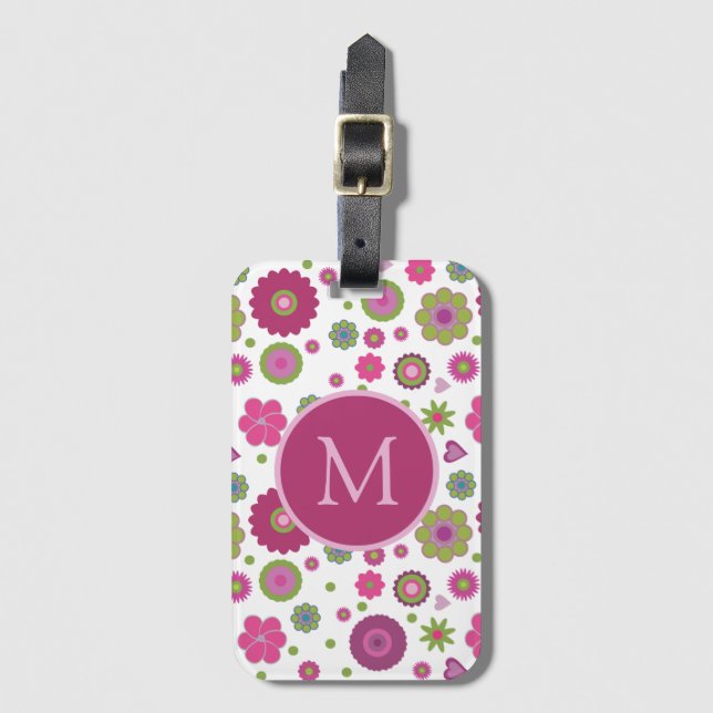 Snazzy Flower Pattern Monogram Luggage Tag (Front Vertical)