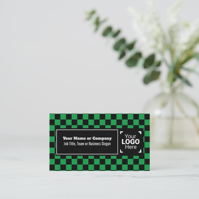 Snazzy Green / Black Chequered Own Text, QR, Logo Business Card (Standing Front)