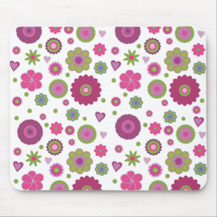 Snazzy Purple and Green Flower Pattern on White Mouse Mat