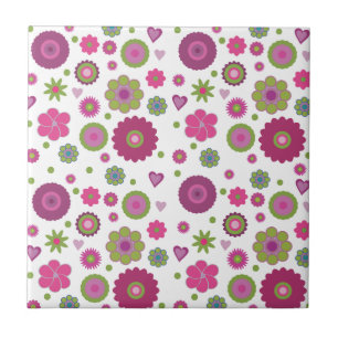 Snazzy Purple and Green Flower Pattern on White Tile