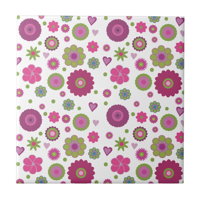 Snazzy Purple and Green Flower Pattern on White Tile (Front)