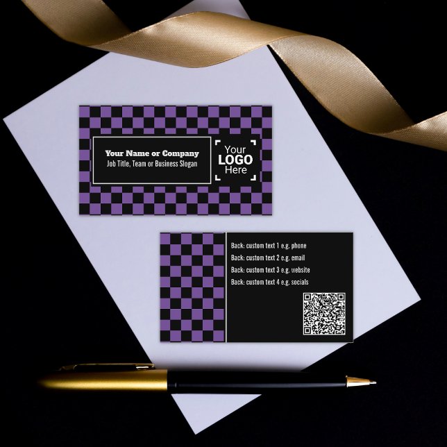 Snazzy Purple / Black Chequered Own Text, QR, Logo Business Card (Creator Uploaded)