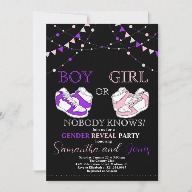 Sneaker Ball Gender Reveal Purple or Pink Sneaker Invitation (Front)