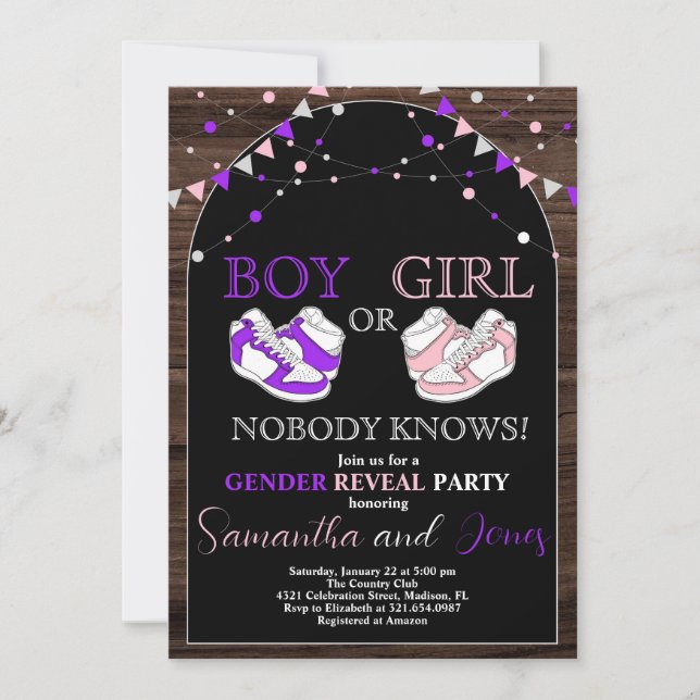 Sneaker Ball Gender Reveal Purple or Pink Sneaker Invitation (Front)