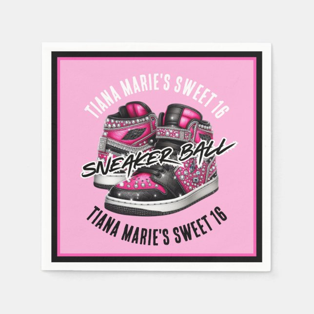 Sneaker Ball Pink & Black Birthday Napkin (Front)