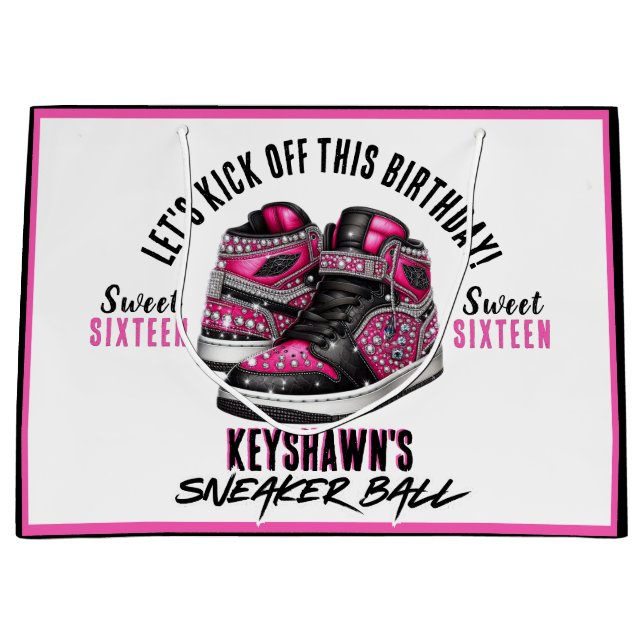  Sneaker Ball Pink & Black Glitter Birthday Large Gift Bag (Front)