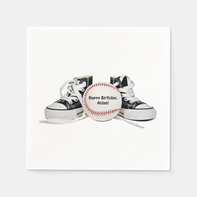 sneakers and baseball for boy's birthday party napkin (Front)
