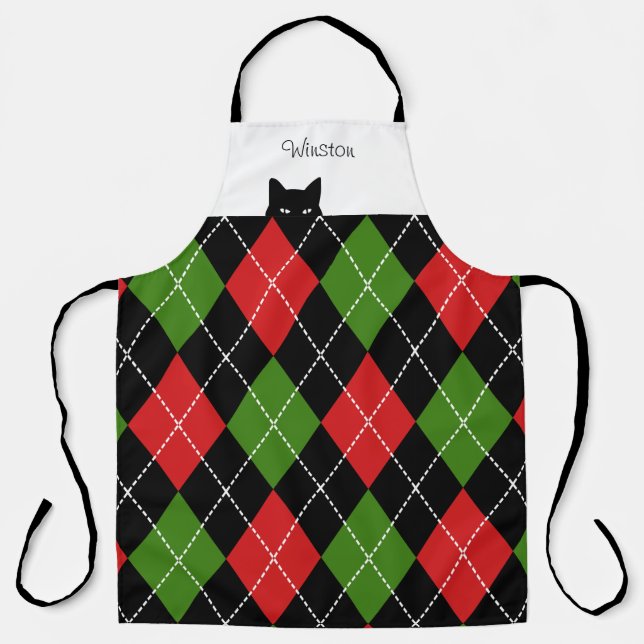 Sneaky Cat Argyle Red Green Black Apron (Front)