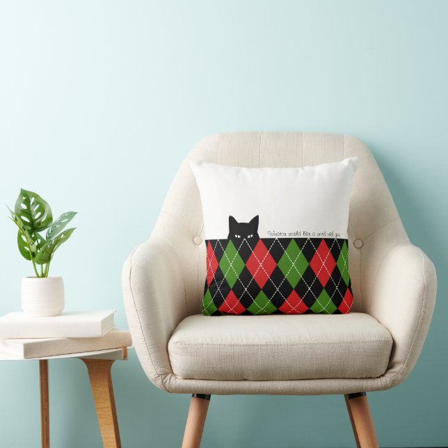 Sneaky Cat Argyle Red Green Black Cushion (Chair)