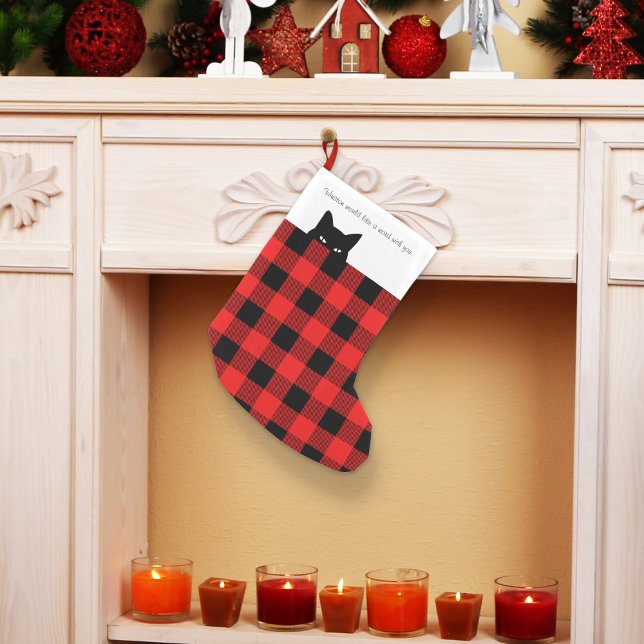 Sneaky Cat Buffalo Check Red Plaid Small Christmas Stocking (Creator Uploaded)