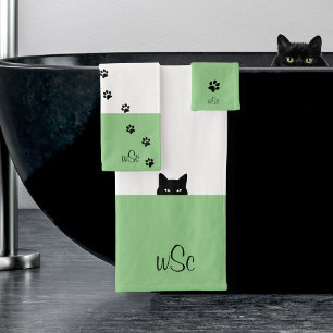 Sneaky Cat Monogram Green Bath Towel Set