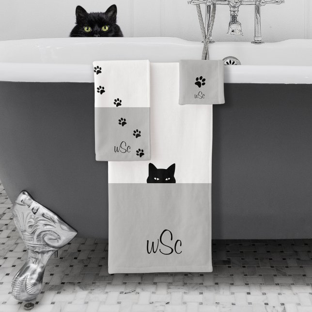 Sneaky Cat Monogram Grey Bath Towel Set (Creator Uploaded)