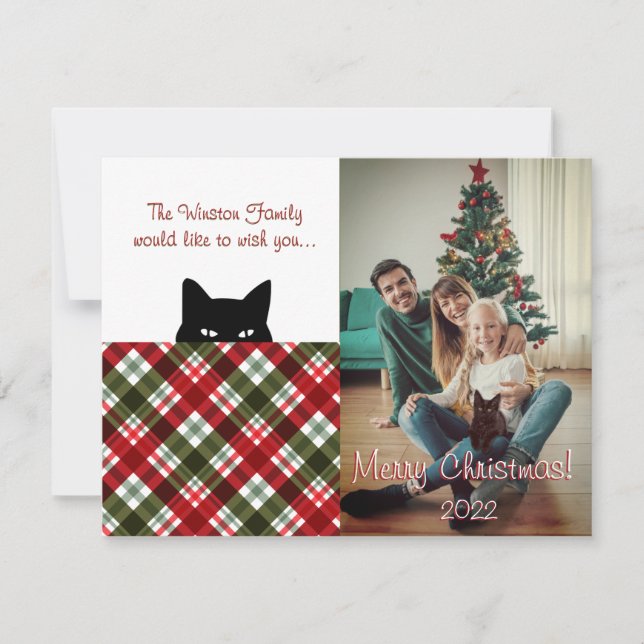 Sneaky Cat Royal Stewart Tartan Plaid Christmas Card (Front)