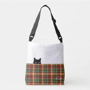 Sneaky Cat Tartan Orange Green Plaid Crossbody Bag