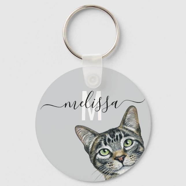 Sneaky Cat  Watercolor Monogram Name   Key Ring (Front)