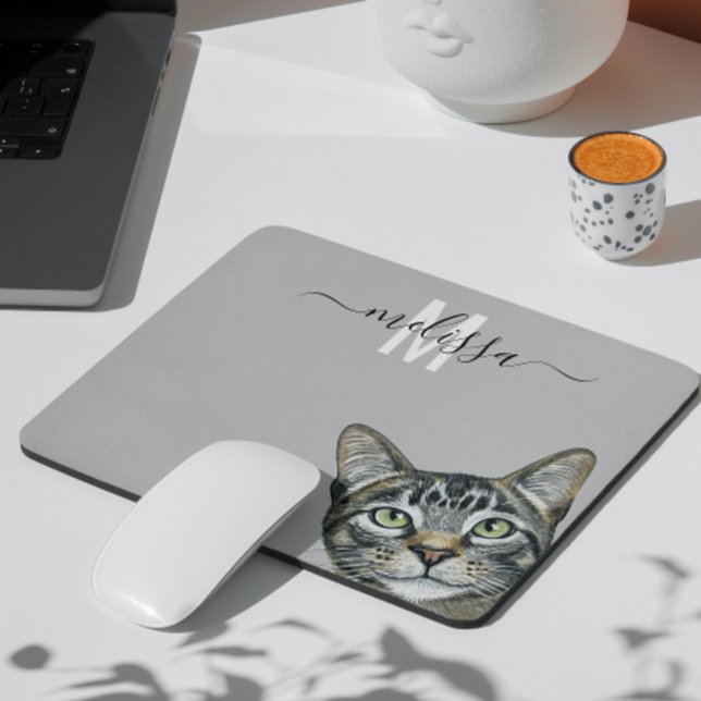 Sneaky Cat  Watercolor Monogram Name  Mouse Mat (Creator Uploaded)