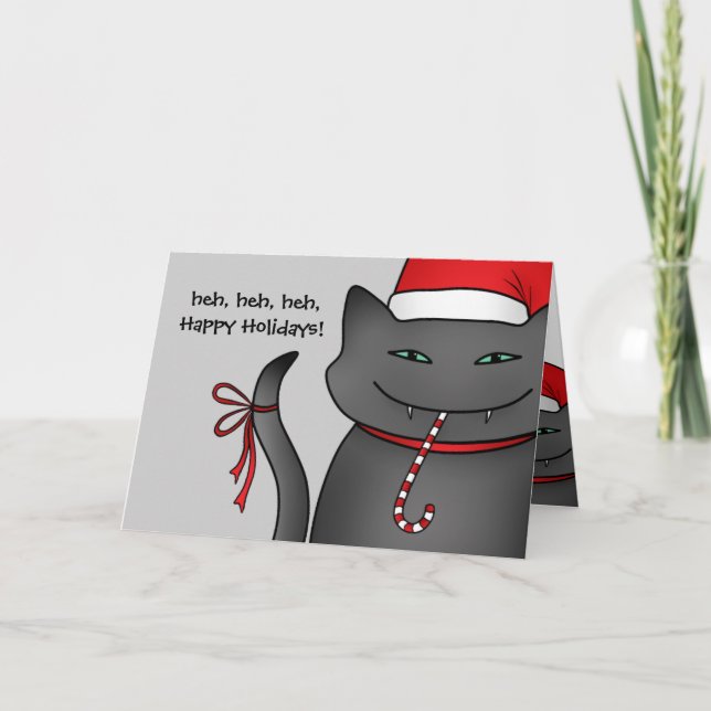 Sneaky Christmas kitty Happy Holidays grey Holiday Card (Front)
