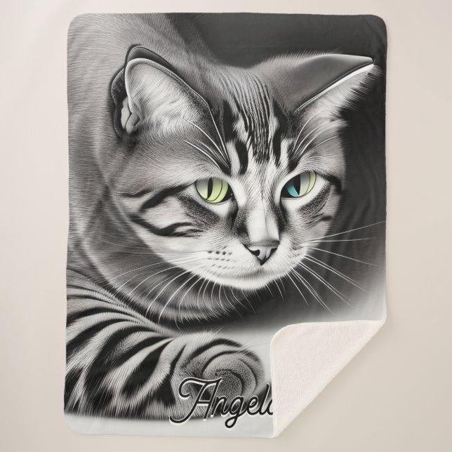 Sneaky Green and Blue Eyes Grey Cat Custom Name Sherpa Blanket (Front)