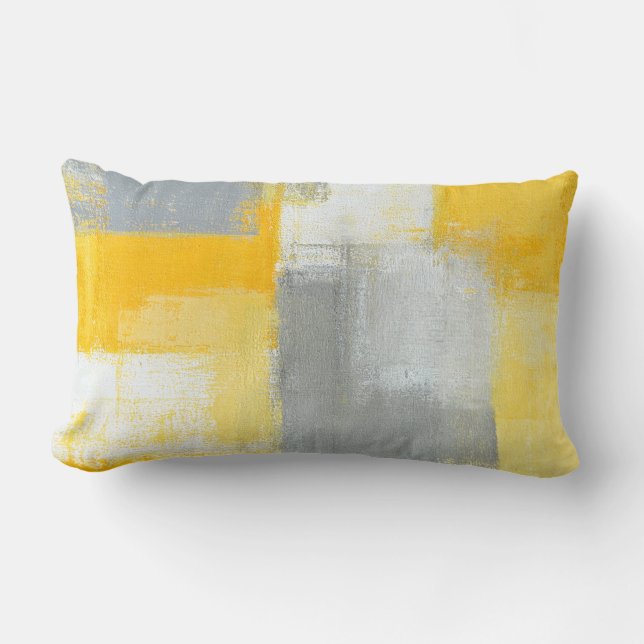 'Sneaky' Grey and Yellow Abstract Art Lumbar Cushion (Front)