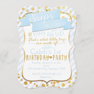 Snips & Snails Blue Gold Birthday Party Invitation